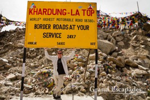 Khardung La, the highest motorable road in the world, at 5.602 meters, on the way to the Nubra Valley from Leh, Ladakh, India