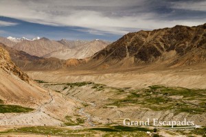 Ladakh is a high altitude desert, with once in a while small ribbons of green run down a slope, nourished by small stream running - Here  Gangla Village, on the way from Leh to Khardung La, Ladakh, India