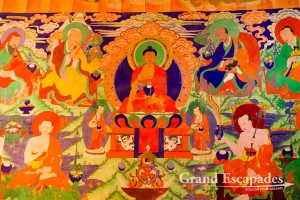 Wall paintings at the Summur Monastery, in the Nubra Valley, Ladakh, Jammu & Kashmnir, India