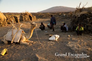 Afar village with the Erta Ale volcano in the background, Danakil Depression, Ethiopia