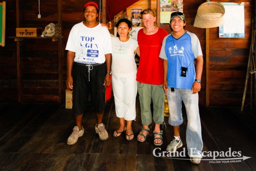 Saying godbye to Bernardo, our cook, Estella, who manages the lodge with her housband and Yadmani, our guide, Madidi National Park, Bolivia