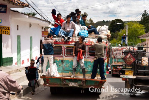 Colourful Chiva buses, old dodge buses, always completely full, Guambiano Indigenous Market, Silvia, near Popayan, Cauca, Colombia, South America