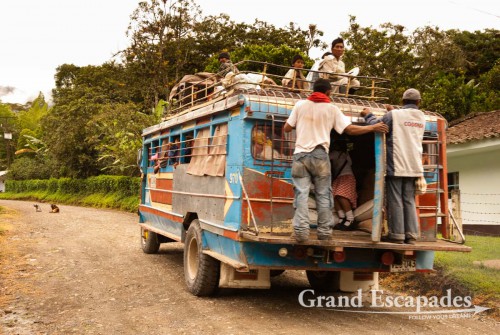 Market day in Inza, with full Chiva buses, old Dodge buses, Tierradentro, Cauca, Colombia, South America