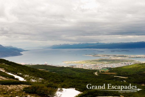 View of Ushuaia & Beagle Channel from Glaciar Martial, Ushuaia, Tierra del Fuego, Argentina