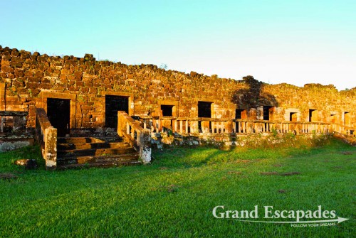 The ruins are slowly being restored with the most impressive remnant being the enormous red sandstone church, or what is left of it. The portal of the church is especially intriguing with its exquisite carving. The side walls of the church are supported by wooden beams - Misiones San Ignacio, Misiones, Argentina