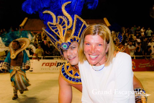 We were as close to the dancers as you can be, in the very first row of the "Corsódromo", a kind of stadium through which the groups parade. Close means, the dancers stopped to kiss us and we could take close up photos or even pose with them, Carneval of Gualeyguachu, Argentina
