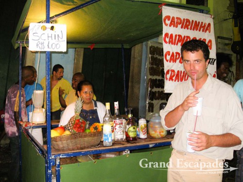 Tuesday night is THE party night in the Pelourinho, the historic center of Salvador. Of course, we get in the mood with a few Capirinhas! Salador de Bahia, Brazil