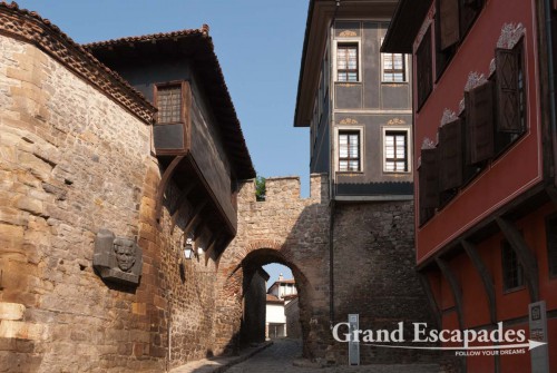 City walls and National Revival Architecture with colorful houses, old city of Plovdiv, Bulgaria, Europe