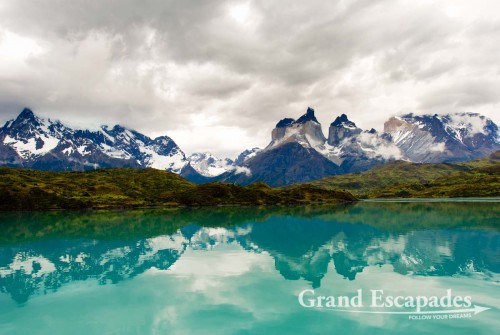 Trekking the "W" in Torres del Paine, Patagonia, Chile - Los Cuernos del Paine, view from a boat on a trip to Pehoe,Torres del Paine National Park, South Chile, South America