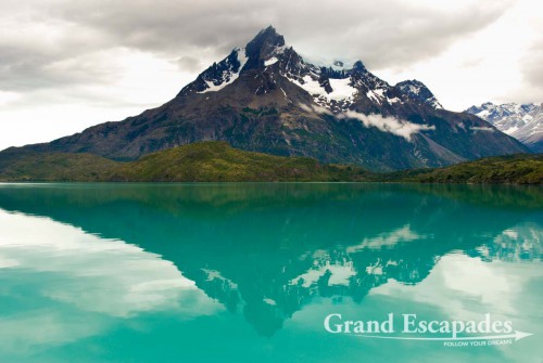 Trekking the "W" in Torres del Paine, Patagonia, Chile - Los Cuernos del Paine, view from a boat on a trip to Pehoe,Torres del Paine National Park, South Chile, South America
