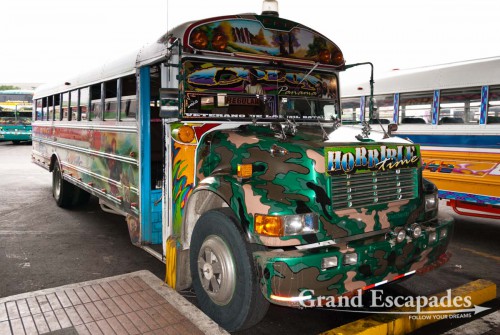 Buses in Panama City, called "Diabolos Rojos" or Red Devils
