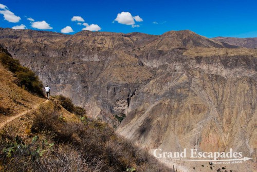 Trekking the Canyon de Colca, the 2nd deepest Canyon on earth, Cabanaconde, Peru - View of the Colca Canyon with Rio Colca in the bottom ...