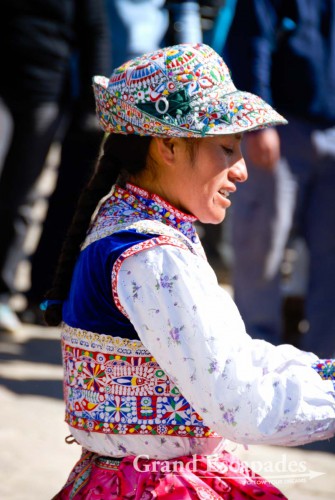Local women in traditional dress selling souvenirs of wool or Alpaca - Cabanaconde, Colca Canyon, Peru