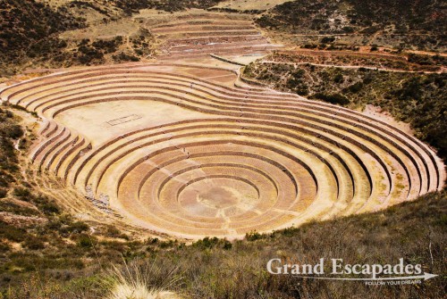 The amphitheater-like terraces of Moray may have served the Incas as a laboratory for agricultural experiments. We heard the theory that every terrace / level simulated a difference in altitude of 300 meters, enabling the Incas to test what grows best at what altitude - Near Cuzco, the Sacred Valley, Peru