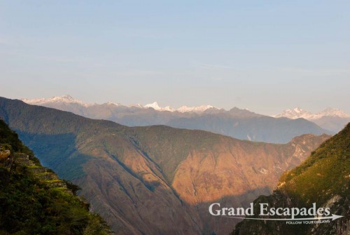 Snowcapped Mount Salkantay, 6.271 meters, in the background, Aquas Calientes, Peru