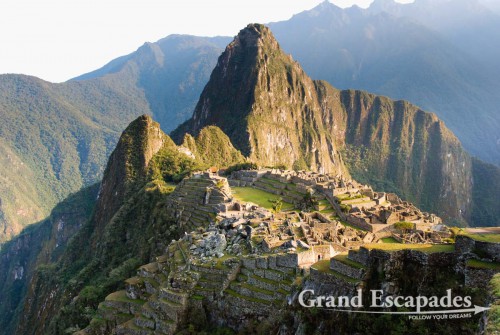 One of the most famous views in the world - Machu Picchu, with Wayna Picchu in the background, Cusco, Peru