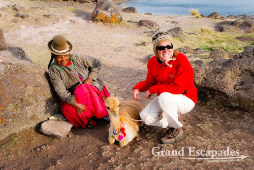 Heidi & Vicuna, Lake Umayo at 3.890 meters with a small island that is a sanctuary for vicunas, Peru