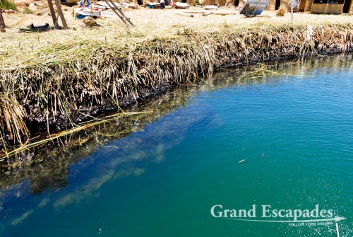 The floating islands are made of the roots of the reeds and are anchored on the bottom of the lake. Thick layers of reeds are put on top. New layers of reeds need to be added regularly - Uros Floating Islands, Lake Titicaca, Peru, South America