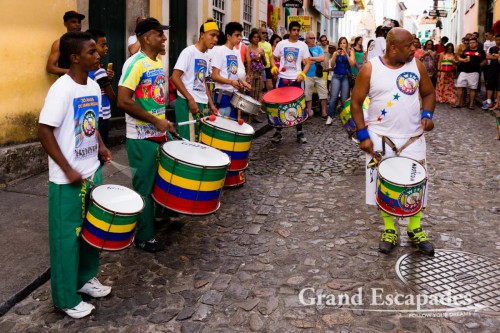 Samba School performing in the streets of teh Pelourinho, Salvador de Bahia, Brazil