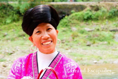 Yan women, famous for their long, pitch-black hair that they whirl around their head like a turban, Ping'An, China
