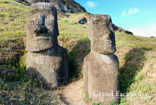 Rano Raraku, the quarry where all the Moais were carved from the volcanic stone, Rapa Nui or Easter Island, Pacific