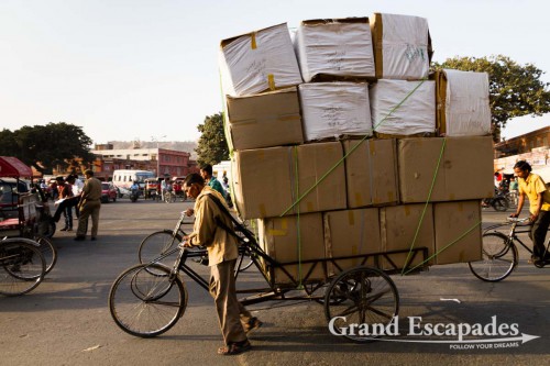 Heavily loaded bike, in the streets of Jaipur, the Pink City, Rajasthan, India
