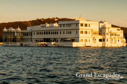 View of the Taj Lake Palace, during a Boat Ride at Sunset, Lake Pichola, Udaipur, Rajasthan, India
