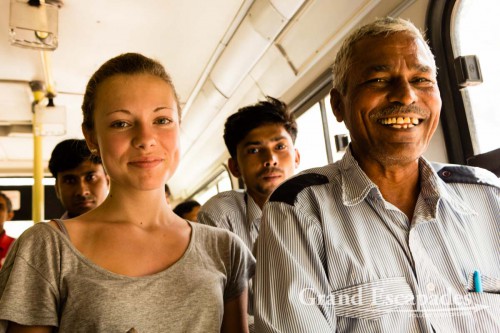 Kelly on the bus in Delhi, India