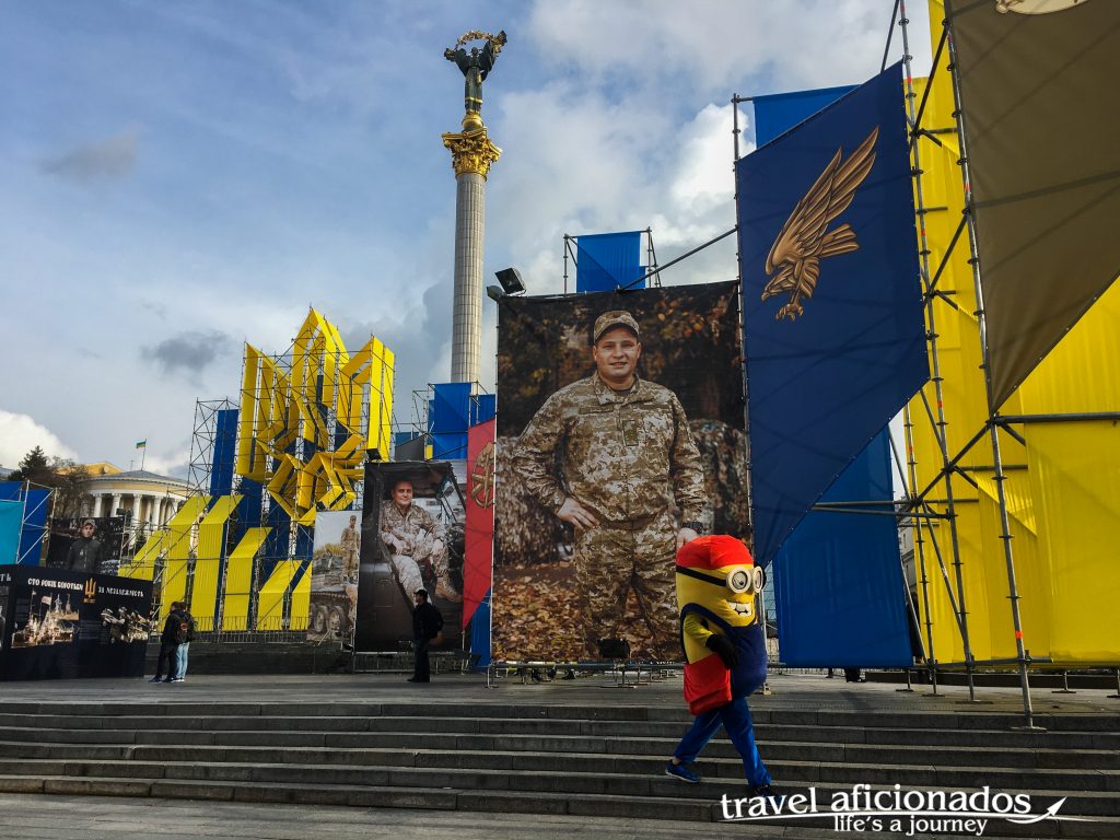 Kiev Maiden- gigantic photos of soliders, a sea of blue and yellow still remind of the fighting in the bitter Cold Winter month of 2014